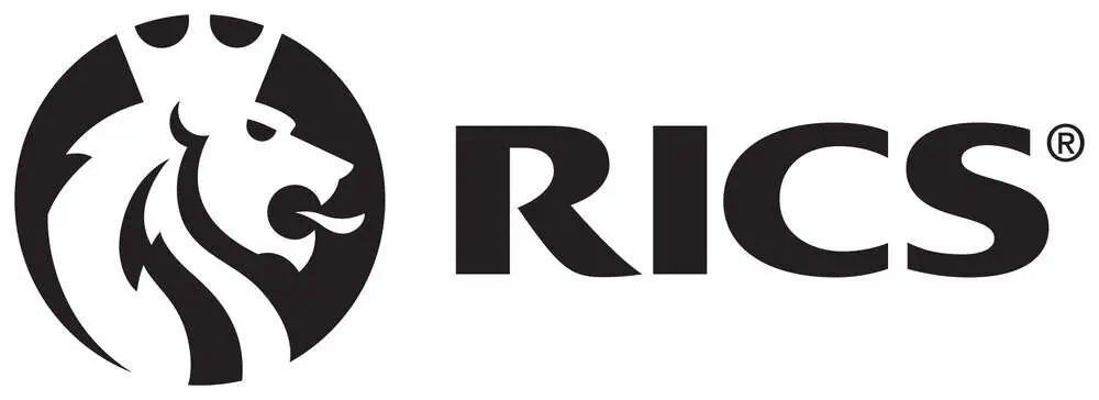 RICS logo in black colour. Logo has a lion wearing a brown on it